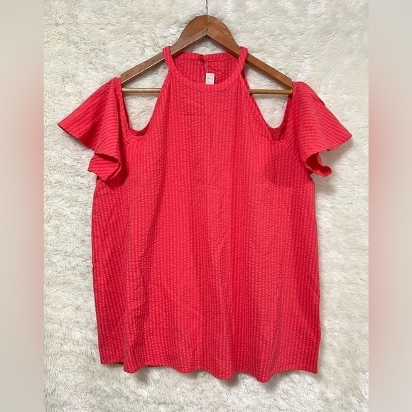 Michael Kors Seersucker Halter Neck Cold Shoulder Short Flutter Sleeve Stripes - Picture 2 of 7